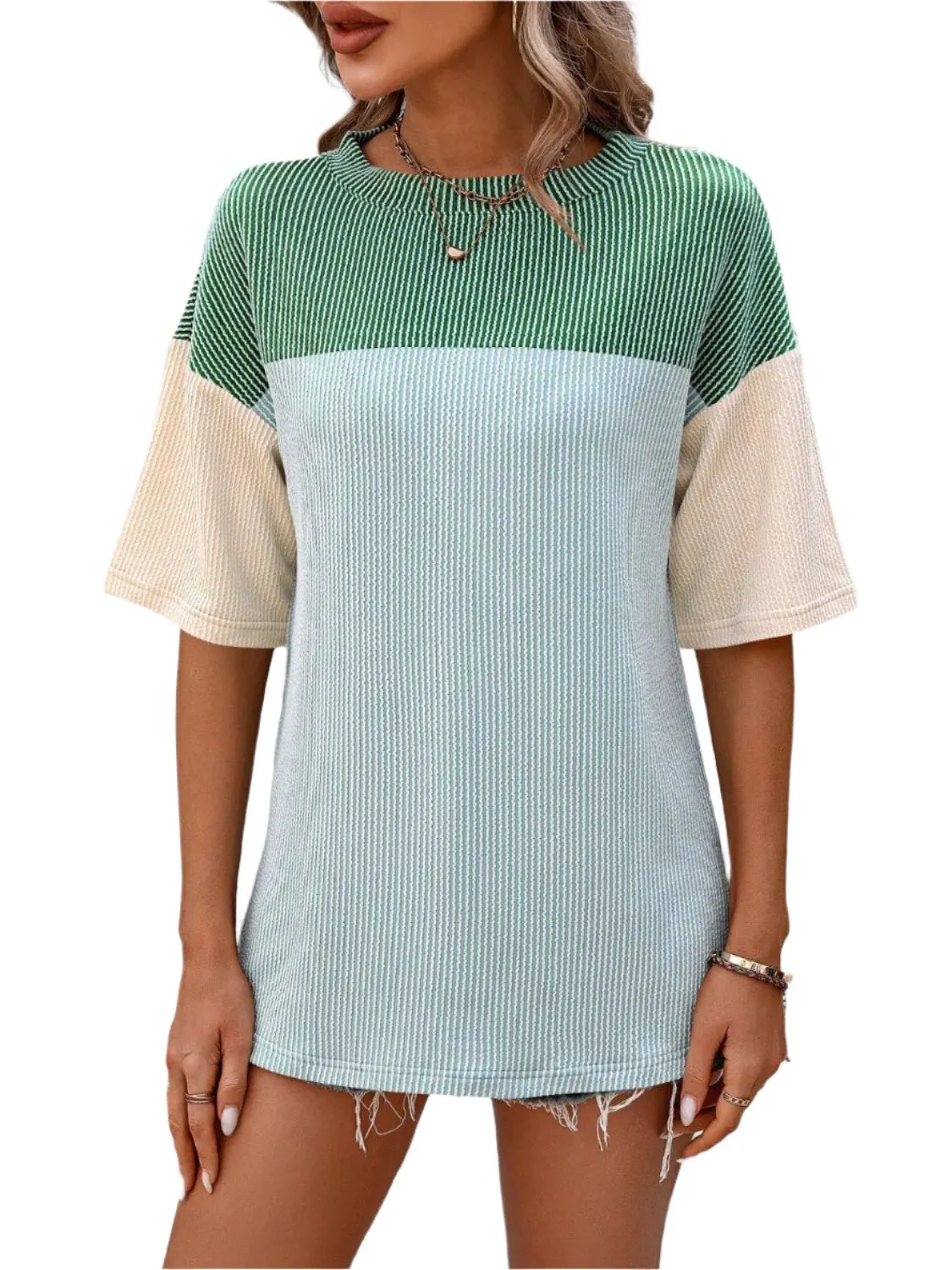 Women Top Color Block Round Neck Half Sleeve T-Shirt