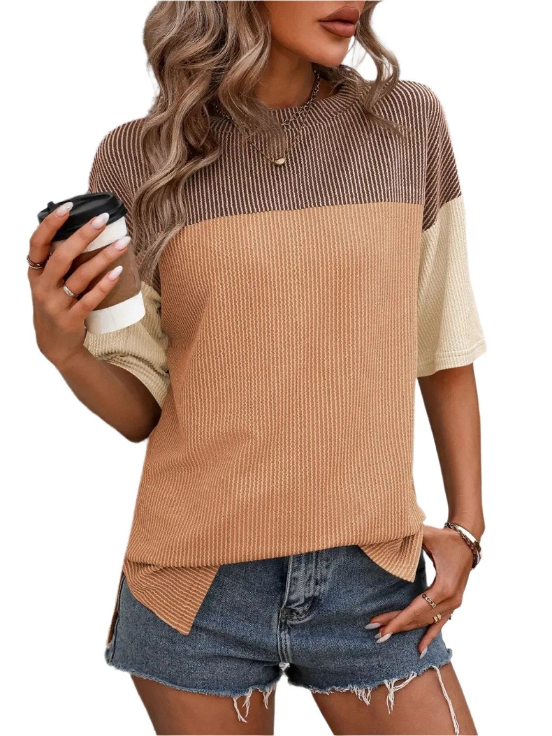 Women Top Color Block Round Neck Half Sleeve T-Shirt