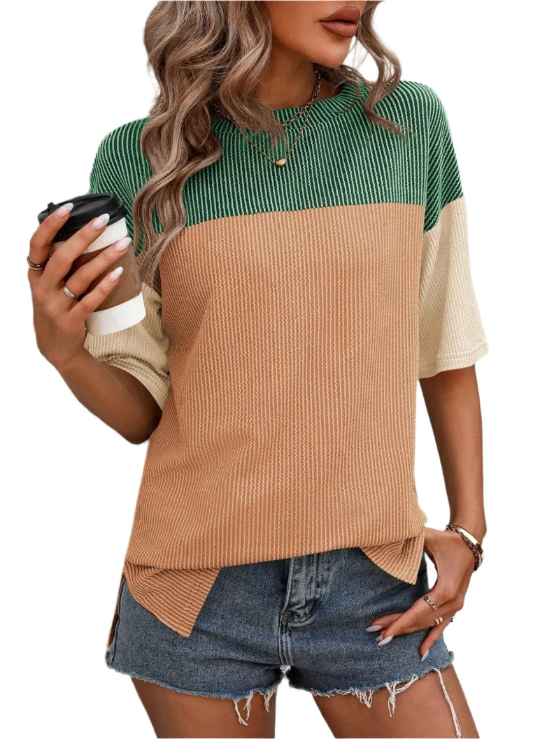 Women Top Color Block Round Neck Half Sleeve T-Shirt