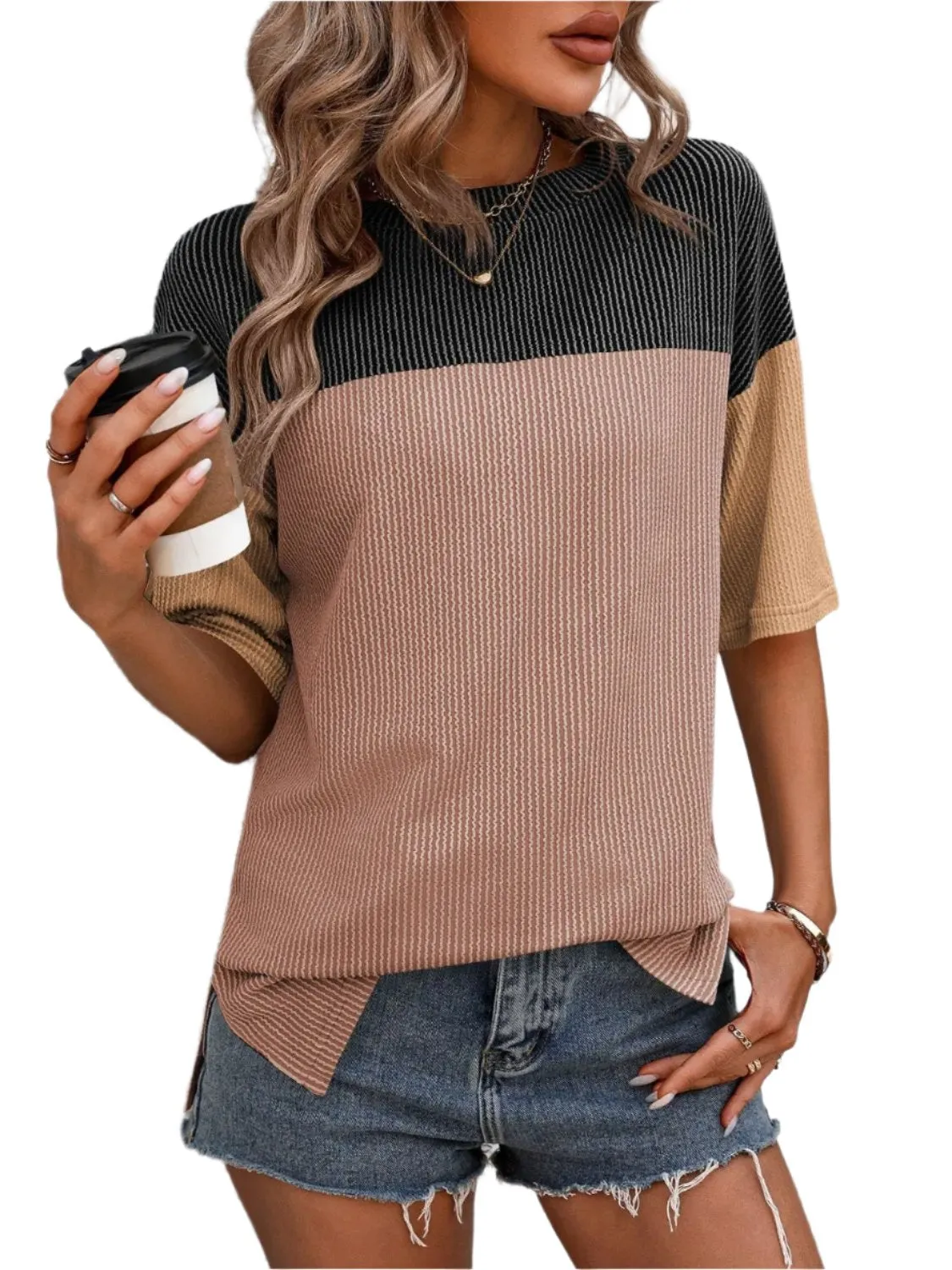 Women Top Color Block Round Neck Half Sleeve T-Shirt