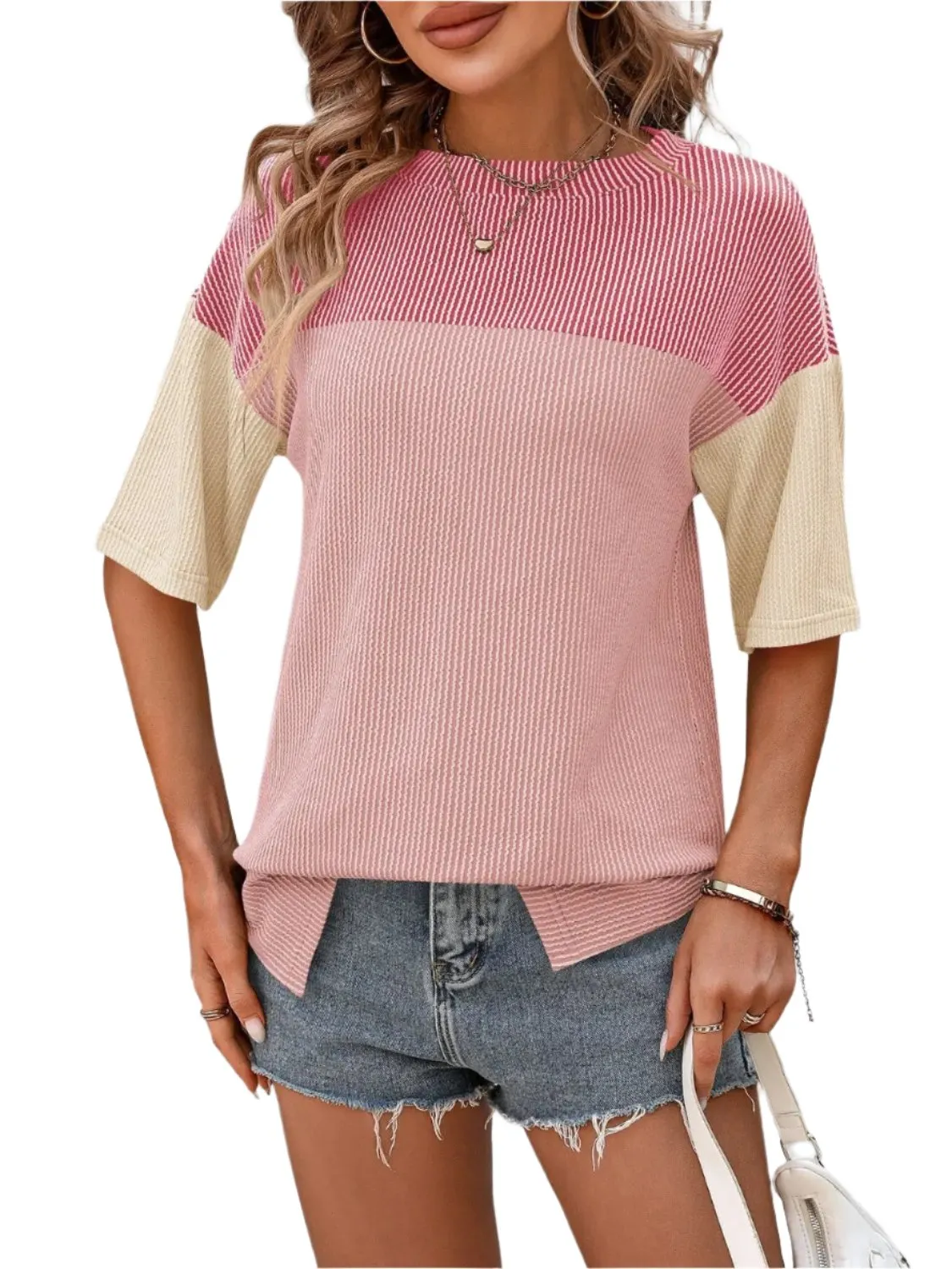 Women Top Color Block Round Neck Half Sleeve T-Shirt