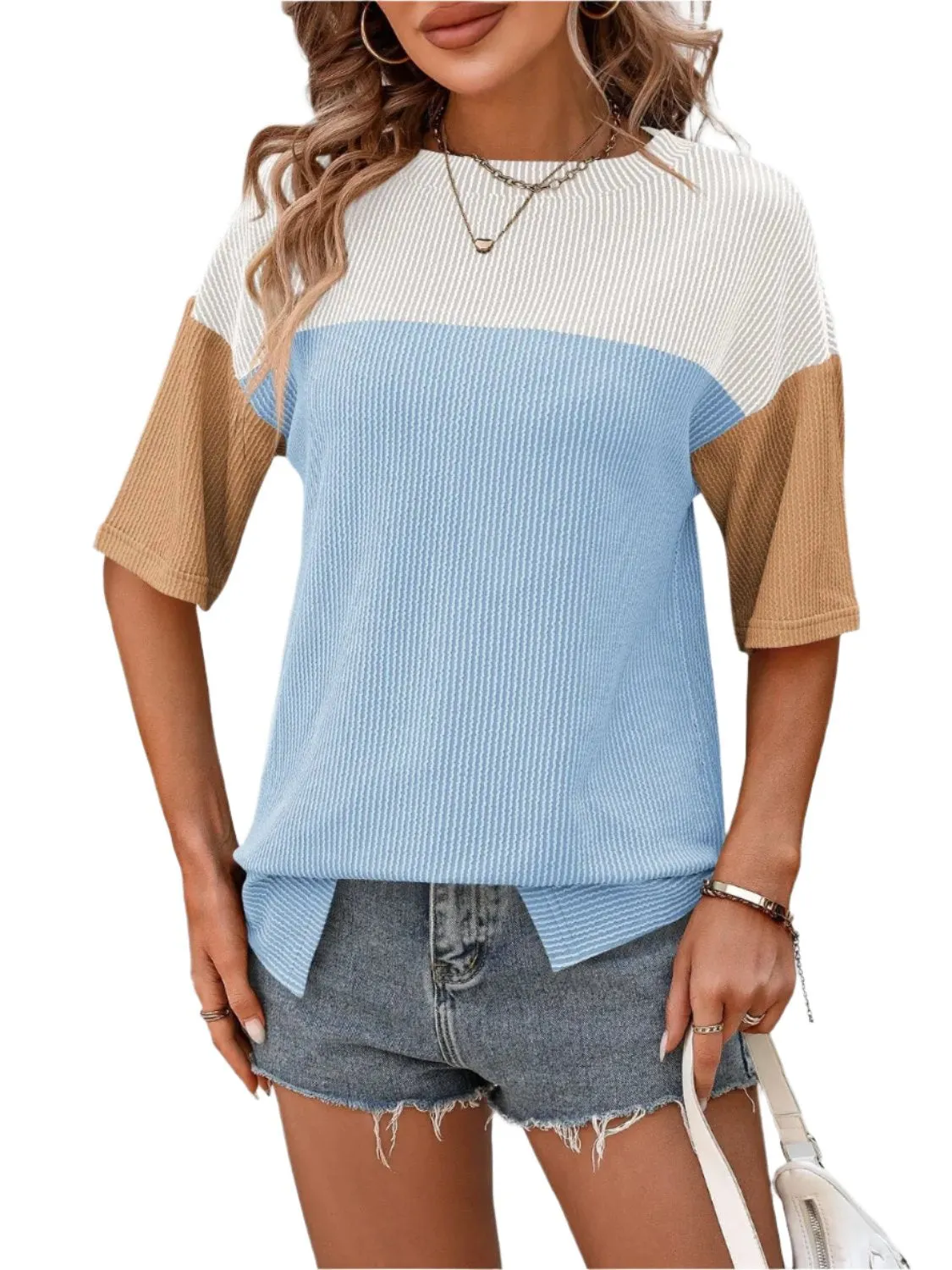 Women Top Color Block Round Neck Half Sleeve T-Shirt