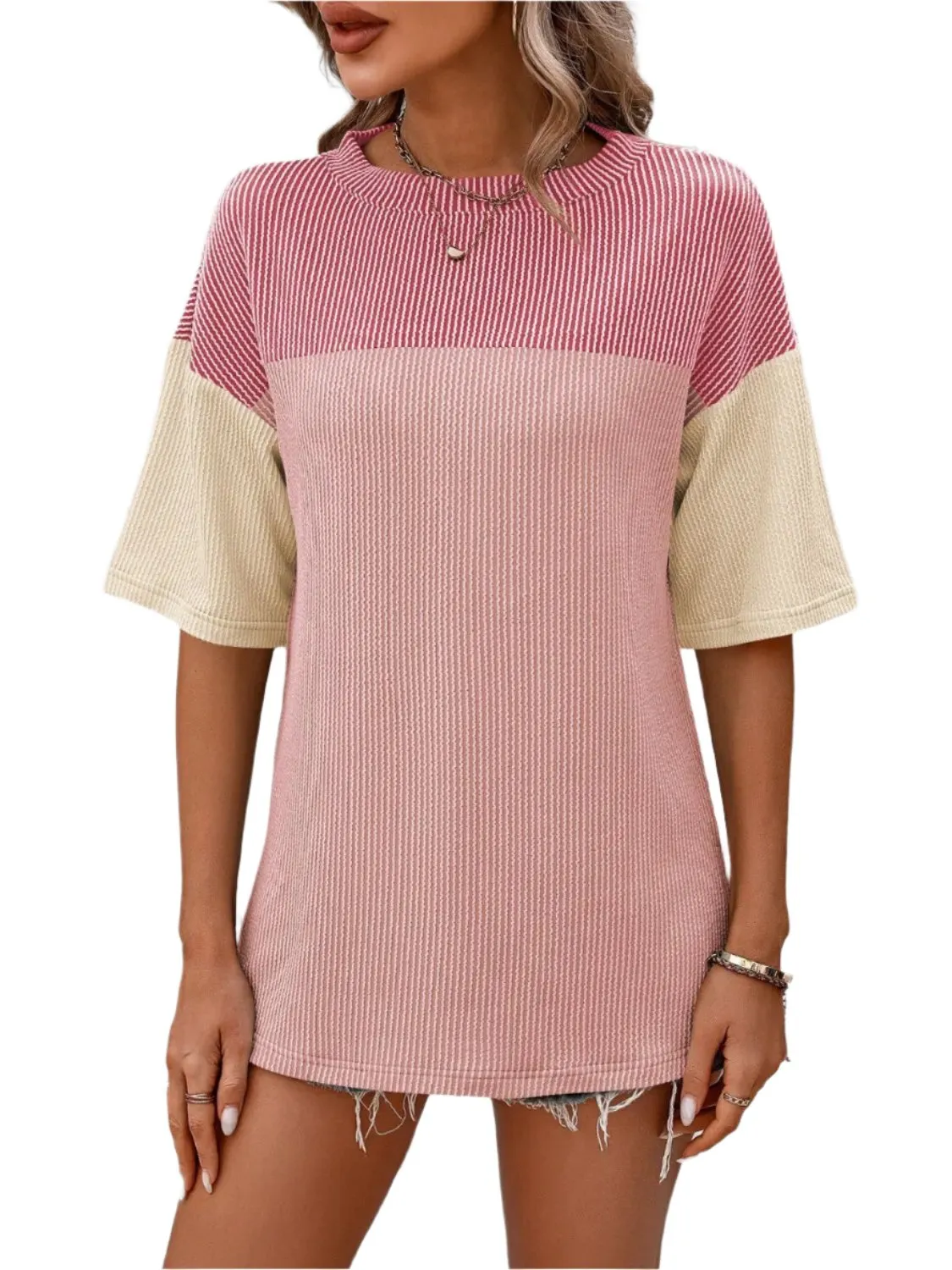 Women Top Color Block Round Neck Half Sleeve T-Shirt