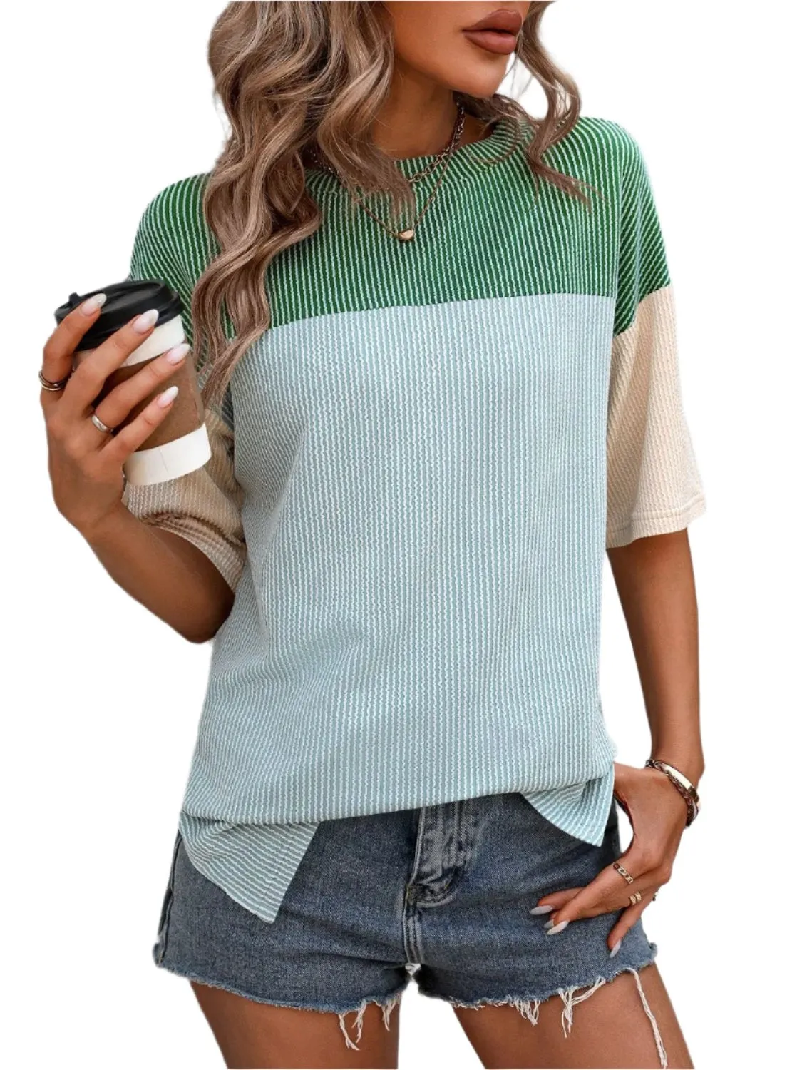 Women Top Color Block Round Neck Half Sleeve T-Shirt