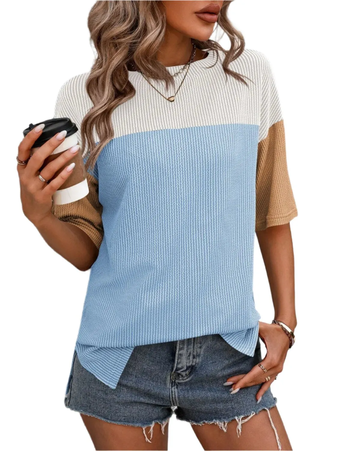 Women Top Color Block Round Neck Half Sleeve T-Shirt