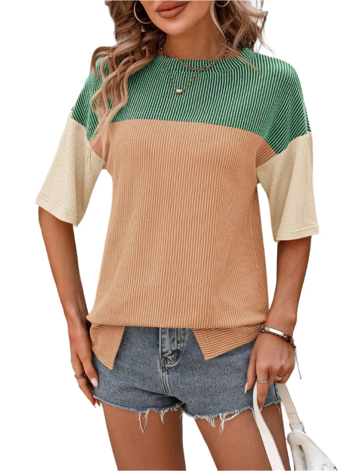 Women Top Color Block Round Neck Half Sleeve T-Shirt