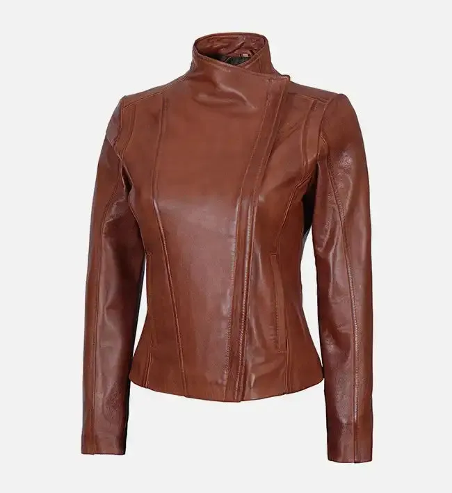 Women’s Asymmetrical Tan Biker Leather Jacket