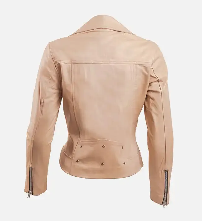 Women’s Beige Leather Biker Jacket