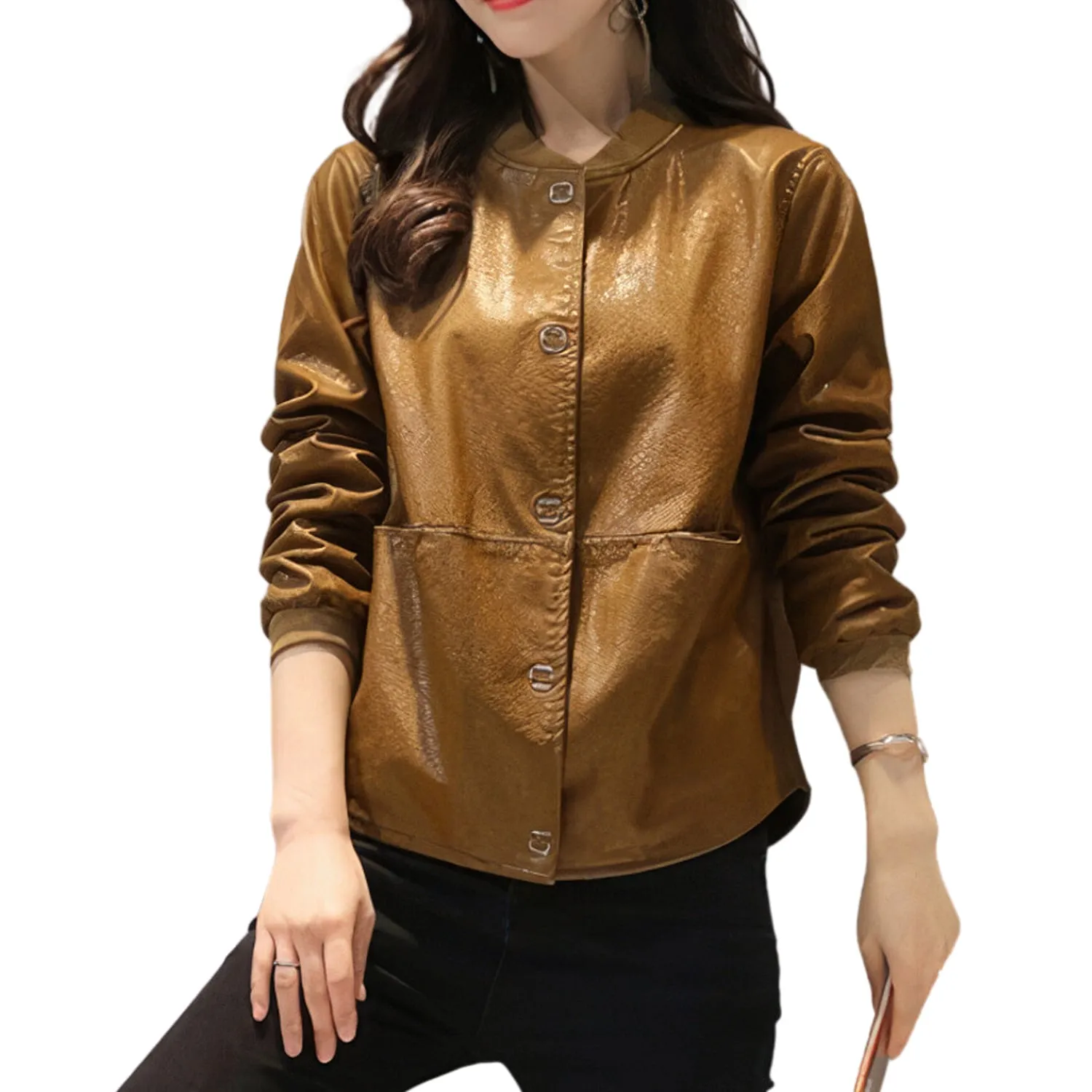 Women’s Biker Mustard Distressed Genuine Sheepskin Rib Knit Collar Retro Motorcycle Rider Leather Jacket