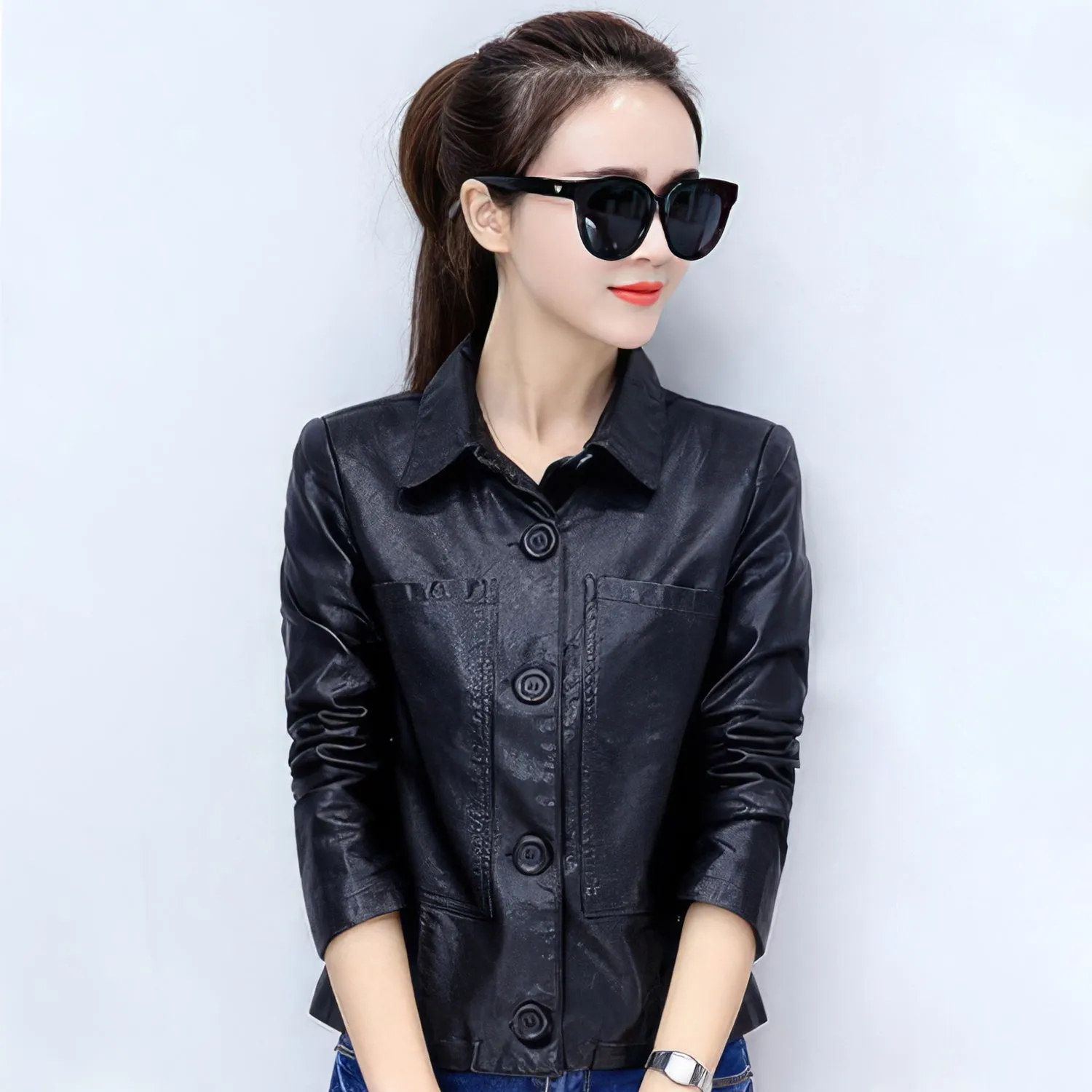 Women’s Black Genuine Sheepskin Shirt Collar Moto Café Racer Sporty Korean Fashion Chic Slim Fit Leather Jacket