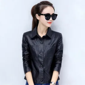 Women’s Black Genuine Sheepskin Shirt Collar Moto Café Racer Sporty Korean Fashion Chic Slim Fit Leather Jacket