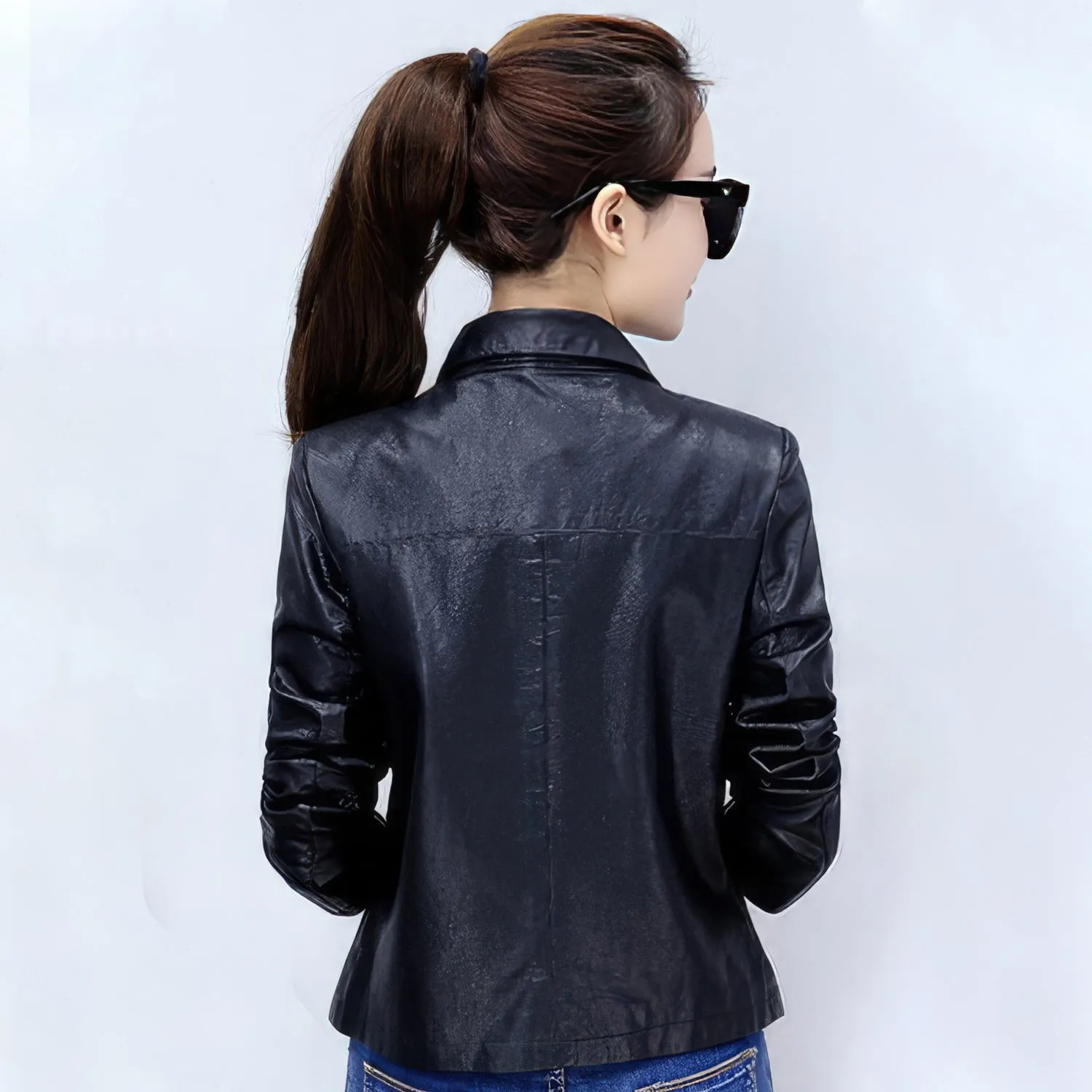 Women’s Black Genuine Sheepskin Shirt Collar Moto Café Racer Sporty Korean Fashion Chic Slim Fit Leather Jacket