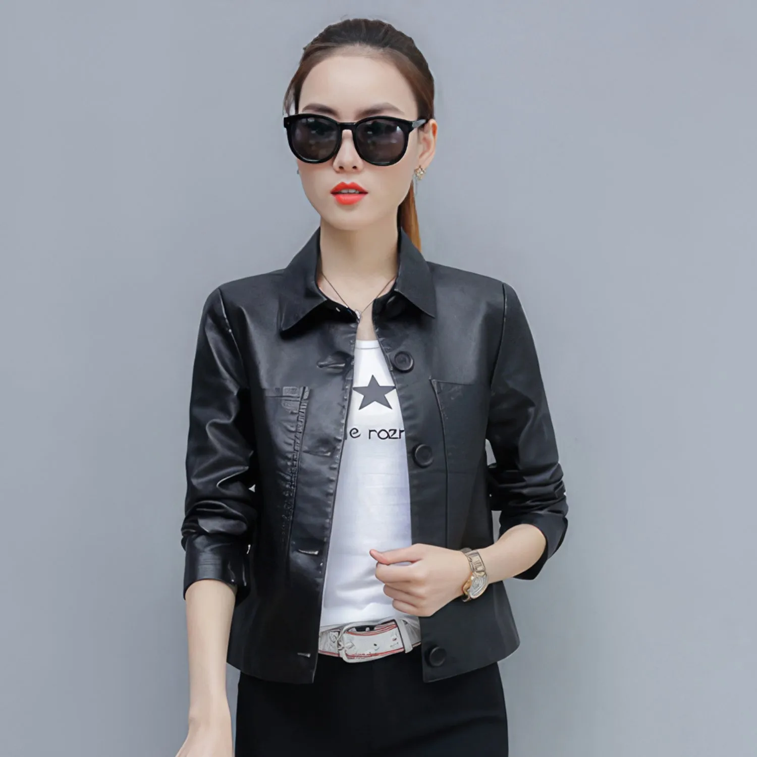 Women’s Black Genuine Sheepskin Shirt Collar Moto Café Racer Sporty Korean Fashion Chic Slim Fit Leather Jacket