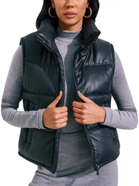 Women's Black Leather Puffer Vest