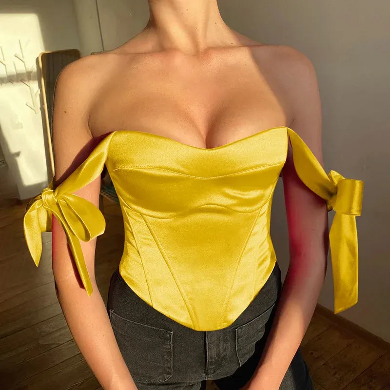 YESMYTOOL  -    Elegant Satin Bow Tie Corset Top for Women Summer 2022 Fashion Sleeveless Backless Cropped Tops Club Party Clothes