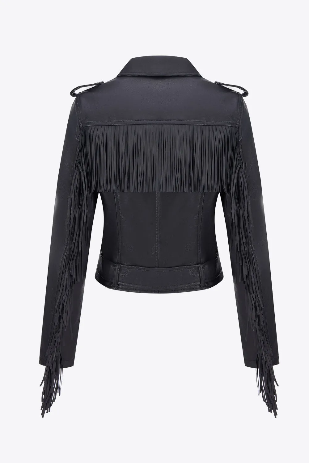 Zip Up Fringe Trim Buckle PU Leather Jacket